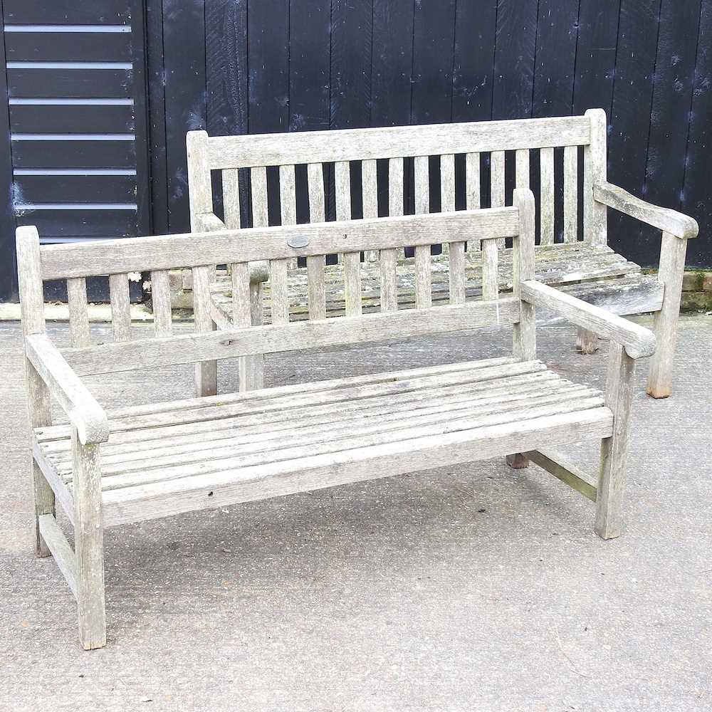 A hardwood slatted garden bench