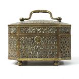 A Persian pierced brass casket