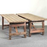 A folding pine trestle table