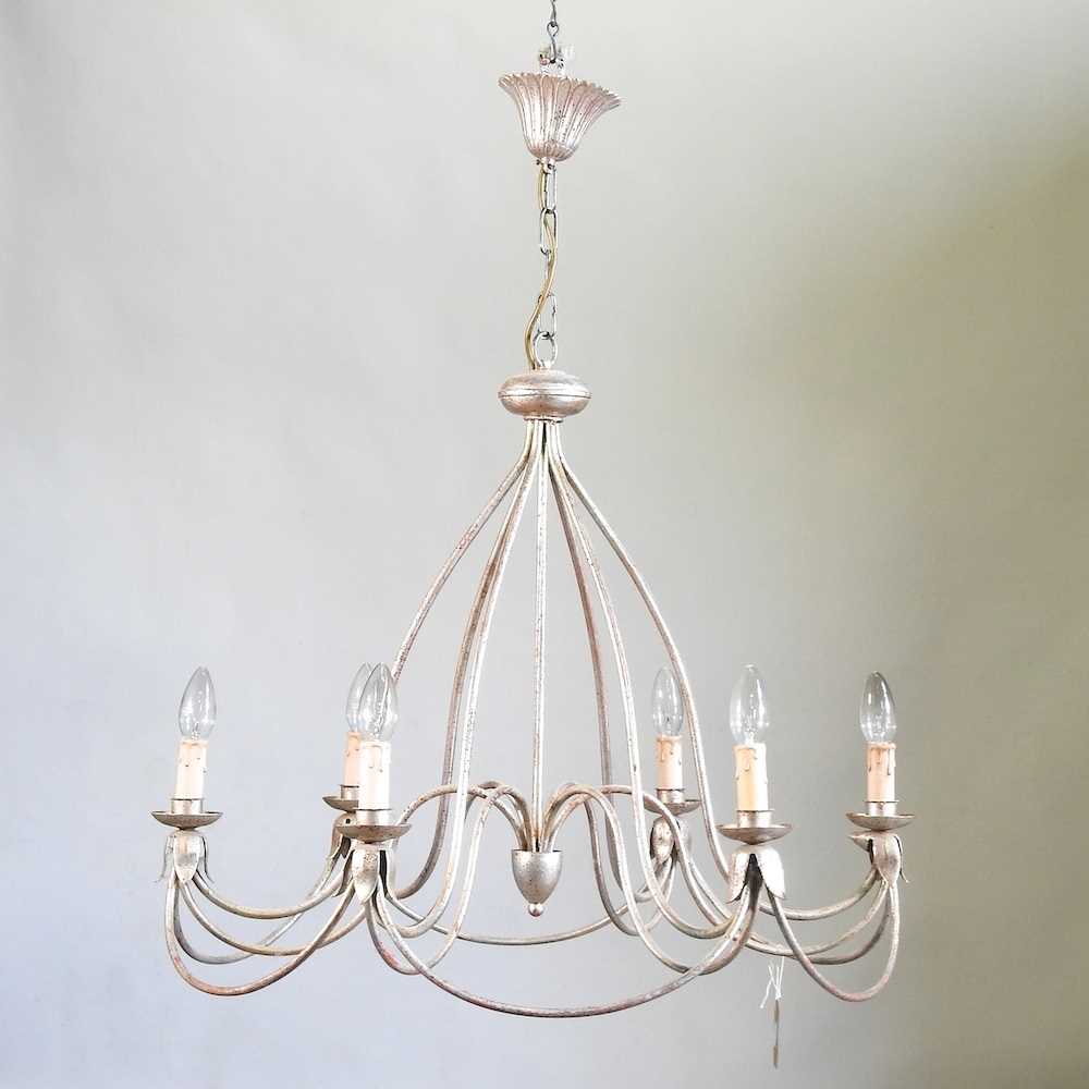 A silver painted metal chandelier