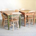 Two pine tables and six chairs