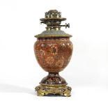 A brass and majolica style oil lamp base