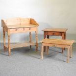 A pine wash stand and two tables