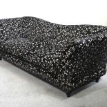 A black upholstered sofa