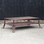 A rusted metal coffee table