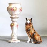 A pottery dog and jardiniere