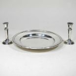 Silver candlesticks and dish