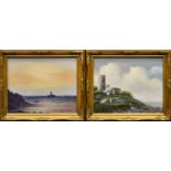 Two oil on board paintings of the Guernsey coast, Fort Saumarez by P. Charles pre German