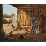 English School (late 20th century), Chickens in a Barn oil on board, signed lower right "EB"