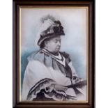 A large portrait photograph of Queen Victoria in the last year of her life, with hand colouring