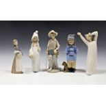 Five Lladro and Nao figures to include Lladro Fisher Boy (a/f), Girl With Pig, Sleepy Stretching Boy