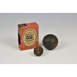 A rare German Gunpowder Co (FFF) Benfield Mills tin and two cannon balls - round shot the shots
