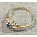 A blue and white stone 9ct yellow gold engagement style ring, size Q.