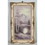 A matched pair of oil on canvas paintings of mountain and lake scenes in pastel colours, one signed