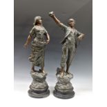 After Mestais - A pair of French male & female bronzed spelter figures each standing on ebonised