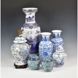 A collection of Oriental blue & white vases etc comprising a large vase, decorated with birds