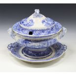 A Victorian Ironstone transferware Rhine pattern tureen and cover with plate.