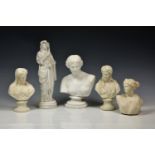 A small group of Parian ware busts of Classical maidens comprising a pair titled 'Morning and '