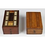 An antique inlaid wooden folding cribbage board with bone pegs, together with another. (2)