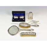 A small collection of silver and silver plated smalls comprising a cased set of silver open salts