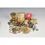 A large quantity of vintage costume jewellery contained in rummage box, together with coins, books,