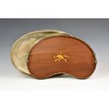 An Edwardian mahogany and marquetry kidney shaped tray with central marquetry musical trophy