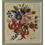 A Victorian petit point floral needlework pane ldepicting a bouquet of garden flowers, 9¾ x 9in.
