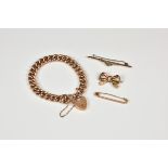 A 9ct rose gold link bracelet with heart padlock together with ribbon pin, bar brooches, weight 23.