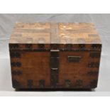 A 19th century oak and iron bound strong box / silver chest of rectangular form, bound in wrought
