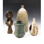 A collection of vintage studio pottery to include a lamp base by Guernsey Pottery, 17in. (43.2cm.)