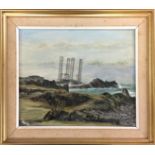 Maria Whinney (British, 1914-1995)oil on board, The Orion oil rig off Grande Rocques headland,
