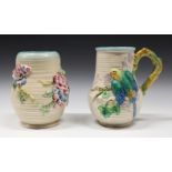 Abranch Clarice Cliff ribbed vase 'My Garden' series 899 L/S and a ribbed jug with parrots on a