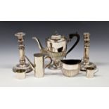 A 19th century silver plate reeded pedestal coffee pot & sugar basin together with two candlesticks