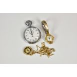 A Bucherer gold plated fob watch, fob wind 17 jewel movement, on a gold plated fob chain