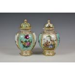 A pair of Dresden baluster vases and covers white ground, with gilt highlights, cartouches