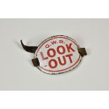 Railwayana - GWR Great Western Railway enamel "LOOK OUT" armband, of oval, curved shape