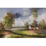 Late 20th century School Rural Landscape with Church, oil on canvas laid on board, signed