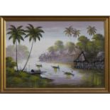 Indonesian River Scene (late 20th century), oil on canvas board, signed indistinctly lower right