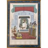 A large Indian gouache painting, 20th century, depicting a nobleman and female attendants