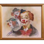 Simon, late 20th century, Three Clowns oil on canvas laid on board, signed "Simon" lower left 15½ x