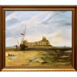 M. A. Guille (20th century), Low tide at St Aubin's Fort, Jersey oil on board, signed lower right