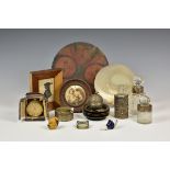 A box of assorted collectables including three silver mounted scent bottles; an Indian silver