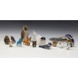 Nine Royal Copenhagen animal figurines comprising an 827 Tern; 2999 Owl; 323y Kingfisher; 2676 Trout