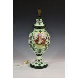 A Victorian painted milk glass vase lamp, converted, the ovoid body with bell shaped cover and