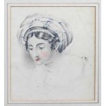 English School, early 19th century, Portrait of a Young Woman pencil and wash, signed "GAW" on her