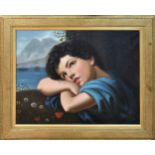 Italian School (19th century), Portrait of a wistful young girl, a landscape beyond with anchored