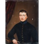 French School (late 19th century), Portrait of a young man in a black jacket, holding a book oil