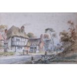 English School, 19th century, Figures in a country Hamlet watercolour on paper 9 x 13¼in. (23 x 33.