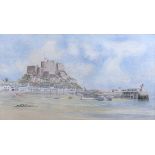 British School (fourth quarter 20th century), Mont Orgueil and Gorey harbour watercolour and pencil,