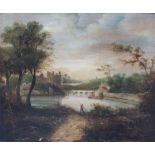 English School (early 19th century), Fisherman beside the castle pond oil on canvas 19¾ x 23¼in. (